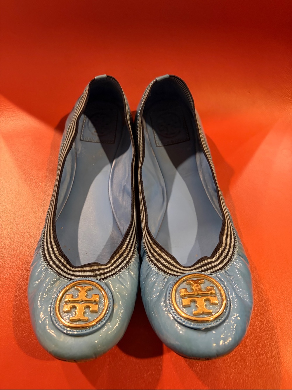 Tory Burch Light Blue Patent Leather Logo Ballet Flats with Gold Emblem